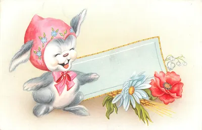 Coelho feliz com chapéu rosa — decoração floral — bilhete postal antigo